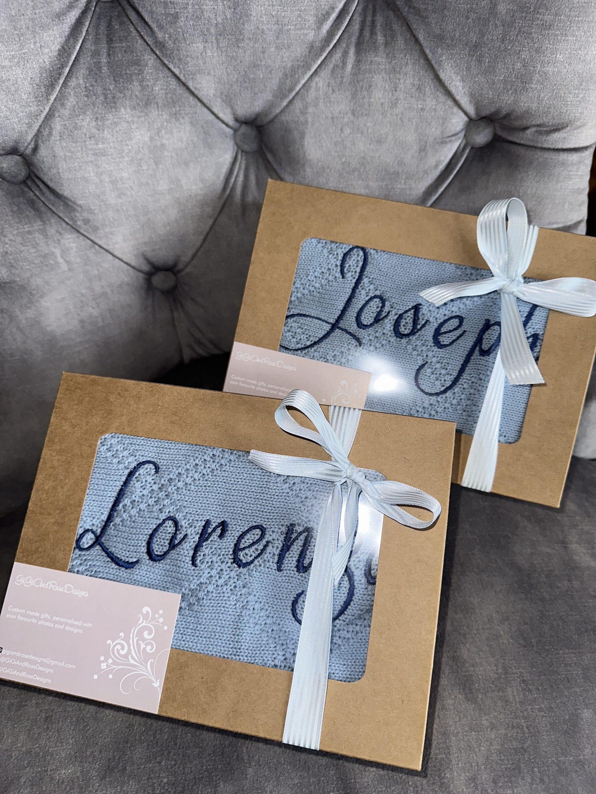 Personalised embroidered blue baby diamond knit blanket - Image 5