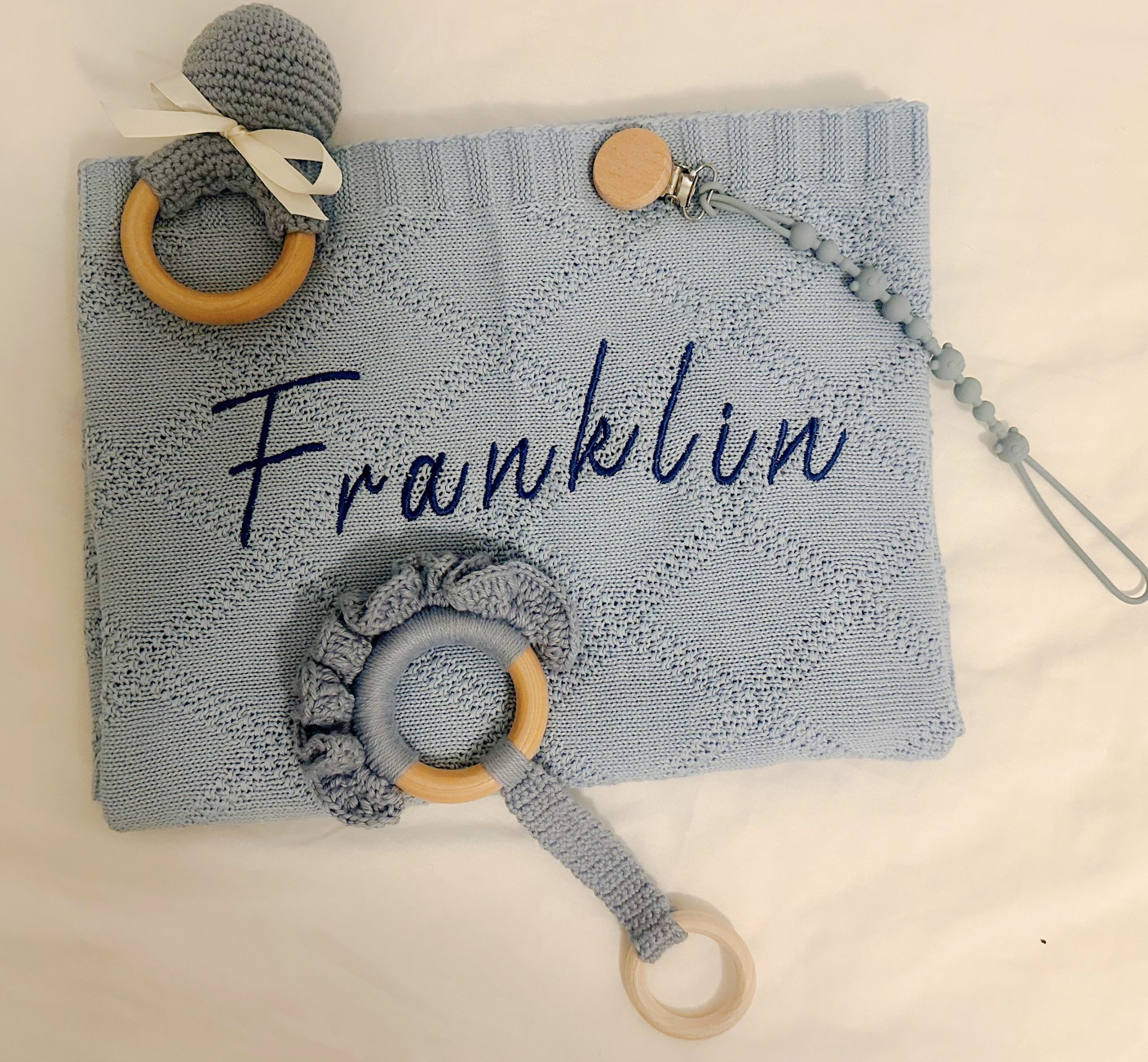 Personalised embroidered blue baby diamond knit blanket - Image 4